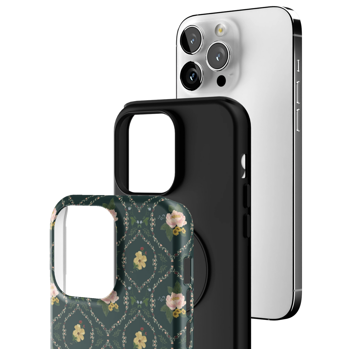 Exploded view of the Meadow iPhone 14 Pro Max case: printed shell, black inner layer with MagSafe ring, and phone
