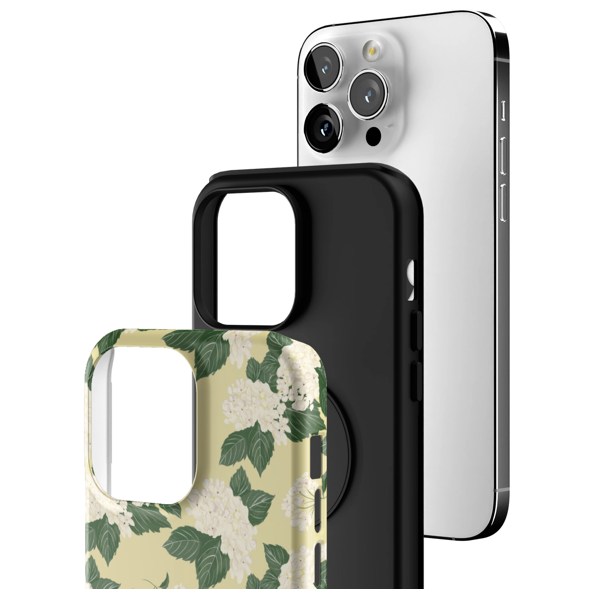 Exploded view of the Hydrangea iPhone 14 Pro Max case: printed shell, black inner layer with MagSafe ring, and phone