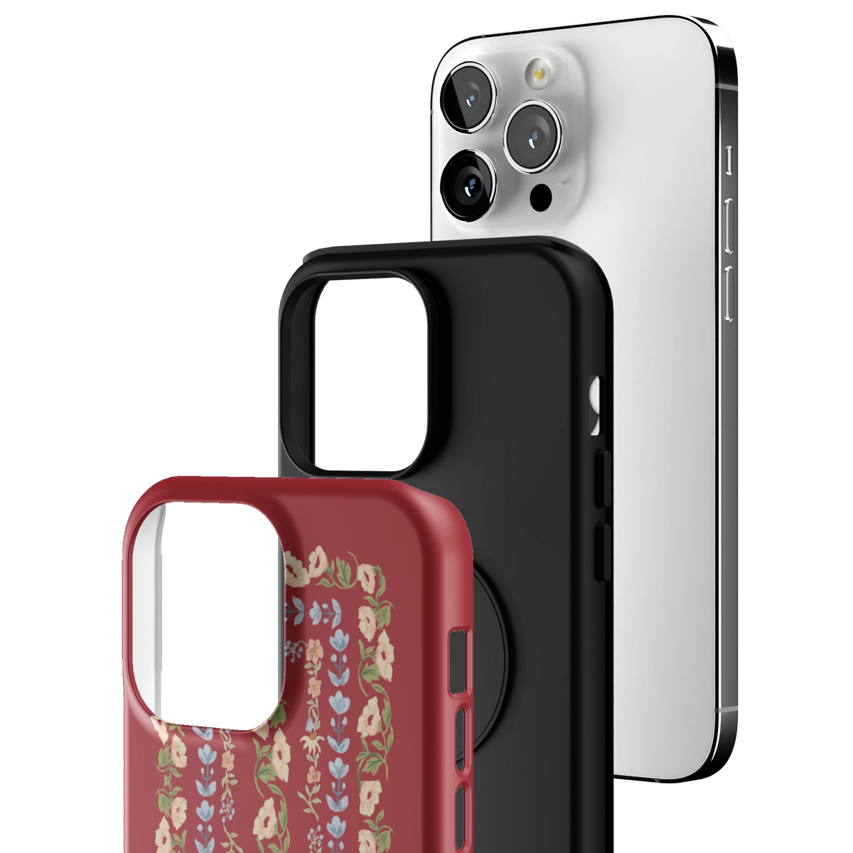 Exploded view of the Fiona iPhone 14 Pro Max case: printed shell, black inner layer with MagSafe ring, and phone