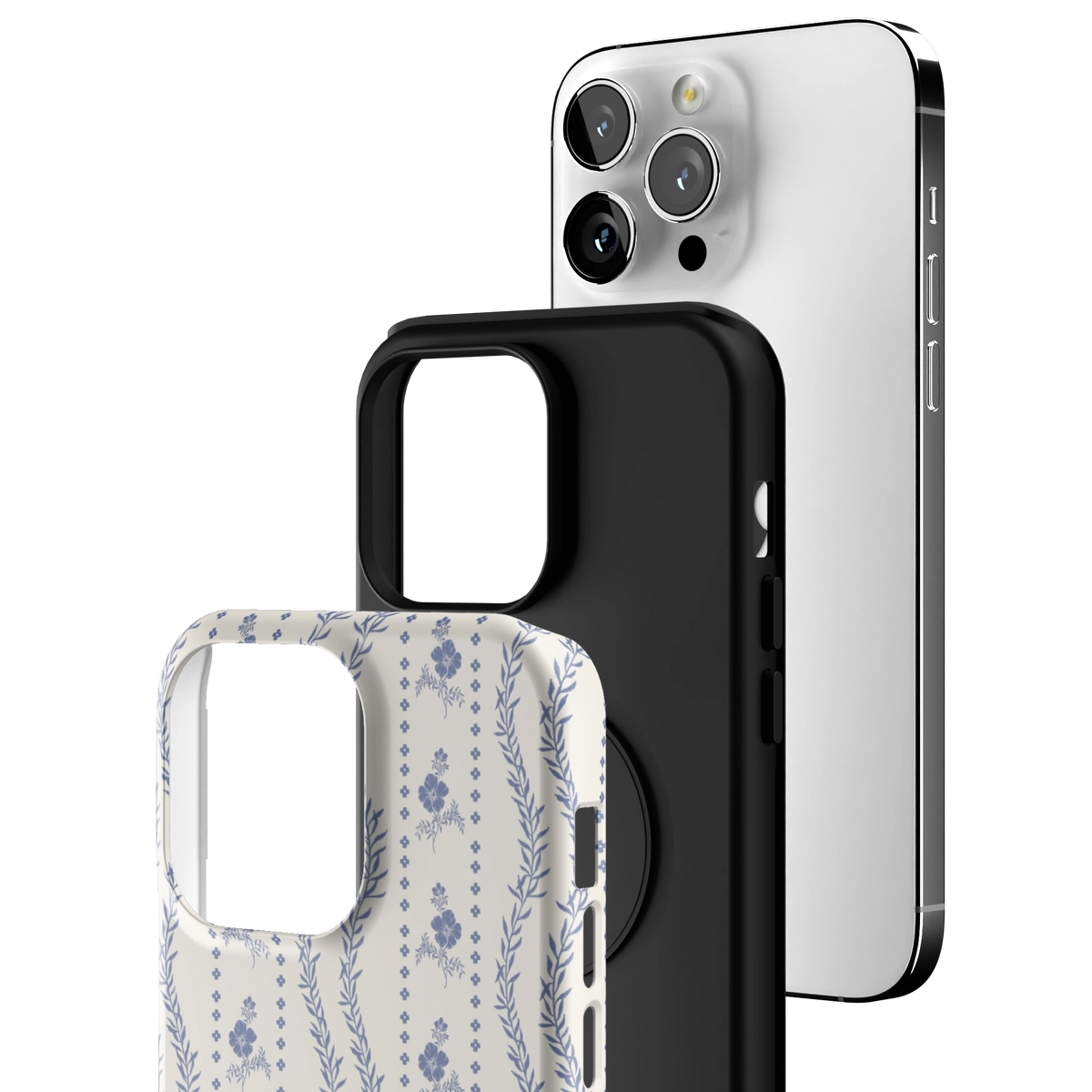 Exploded view of the Riviera iPhone 14 Pro Max case: printed shell, black inner layer with MagSafe ring, and phone