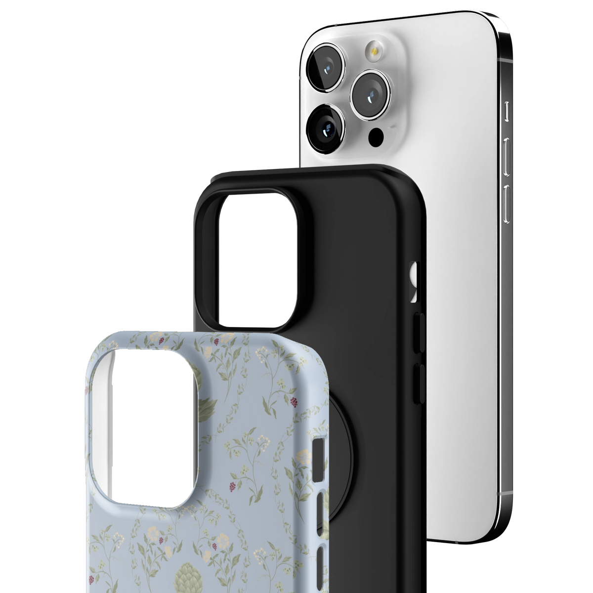 Exploded view of the Artichoke iPhone 14 Pro Max case: printed shell, black inner layer with MagSafe ring, and phone