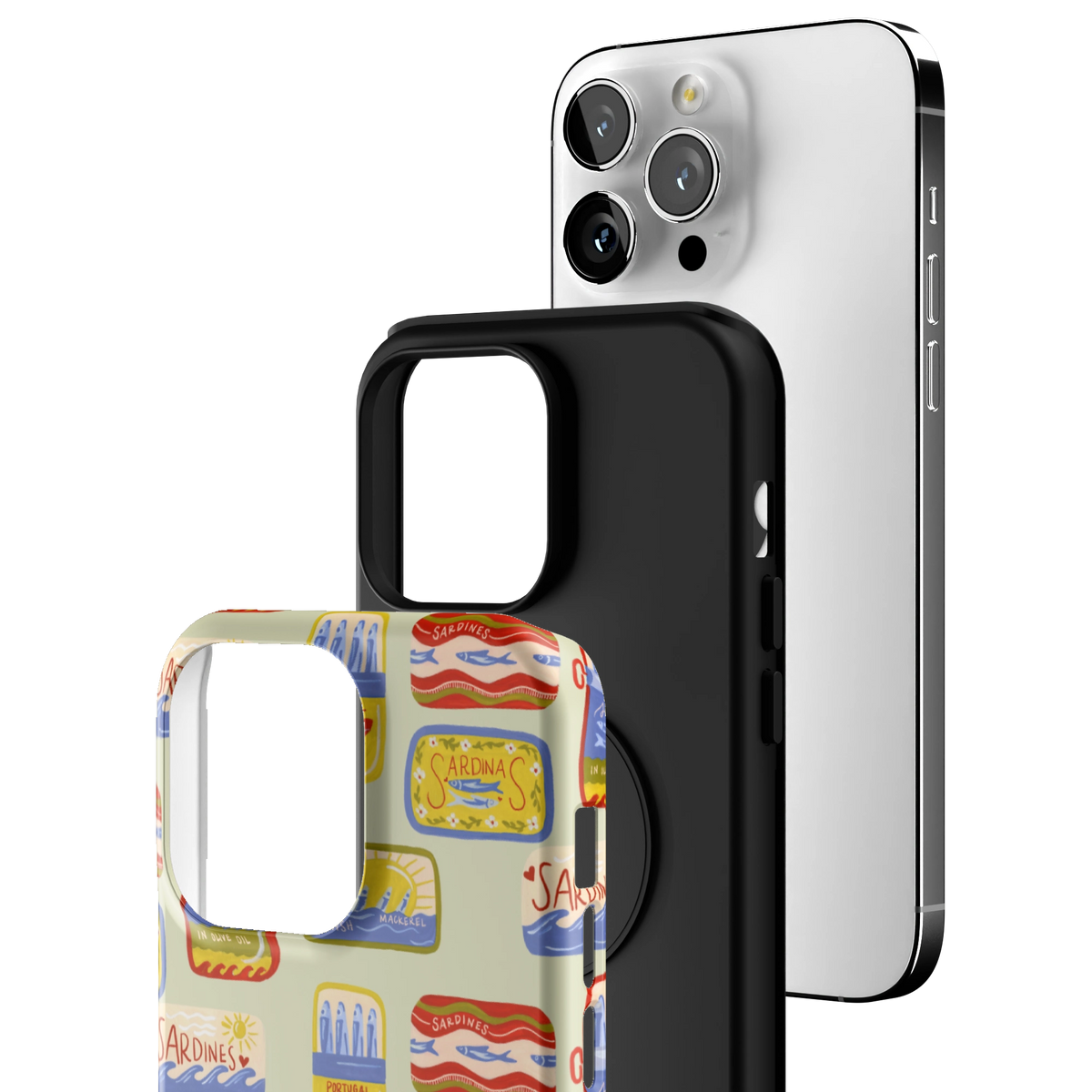 Exploded view of the Sardines iPhone 14 Pro Max case: printed shell, black inner layer with MagSafe ring, and phone