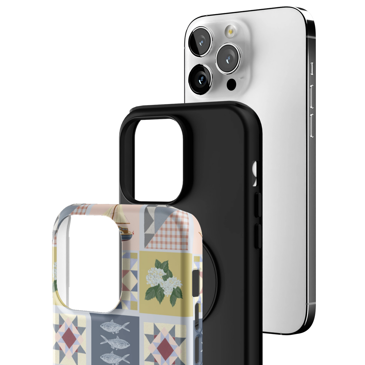 Exploded view of the Coastal Quilt iPhone 14 Pro Max case: printed shell, black inner layer with MagSafe ring, and phone