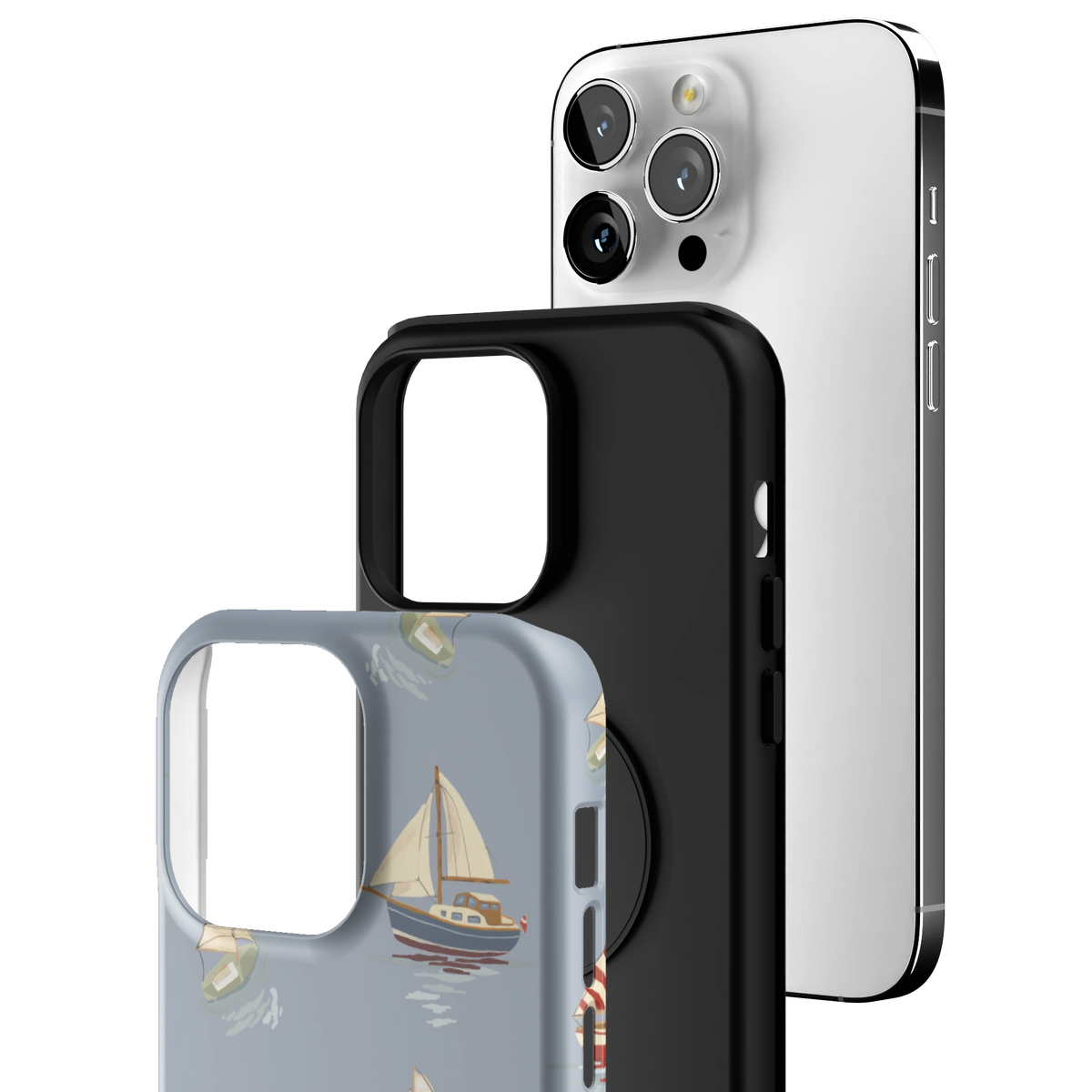 Exploded view of the Harbor iPhone 14 Pro Max case: printed shell, black inner layer with MagSafe ring, and phone