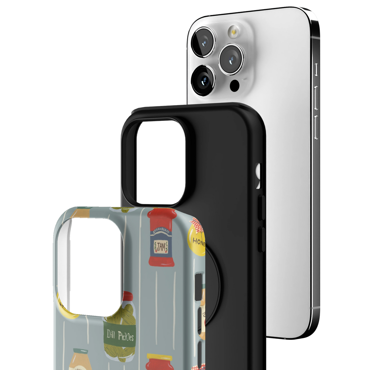 Exploded view of the Preserves Personalized iPhone 14 Pro Max case: printed shell, black inner layer with MagSafe ring, and phone