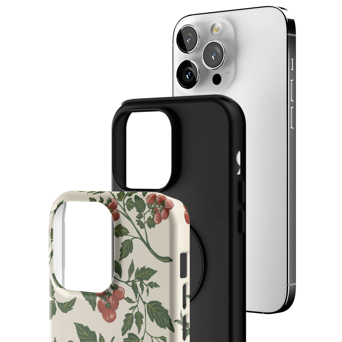 Exploded view of the Tomato Vines iPhone 14 Pro Max case: printed shell, black inner layer with MagSafe ring, and phone