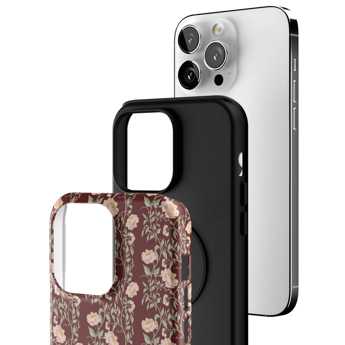 Exploded view of the Thicket iPhone 14 Pro Max case: printed shell, black inner layer with MagSafe ring, and phone