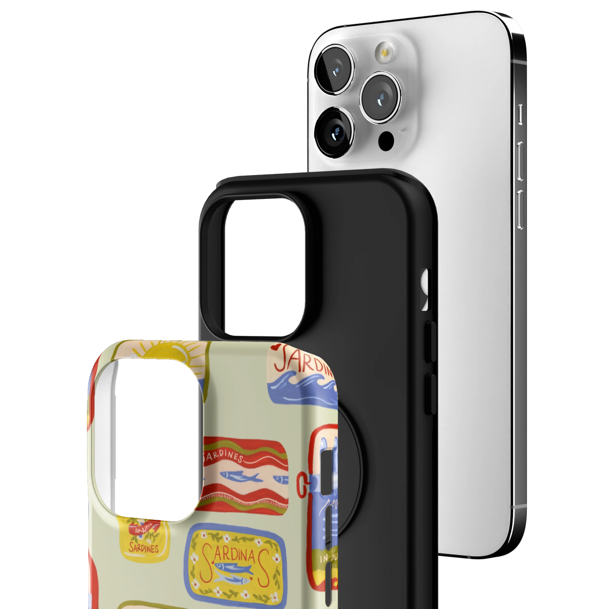 Exploded view of the Sardines Personalized iPhone 14 Pro Max case: printed shell, black inner layer with MagSafe ring, and phone