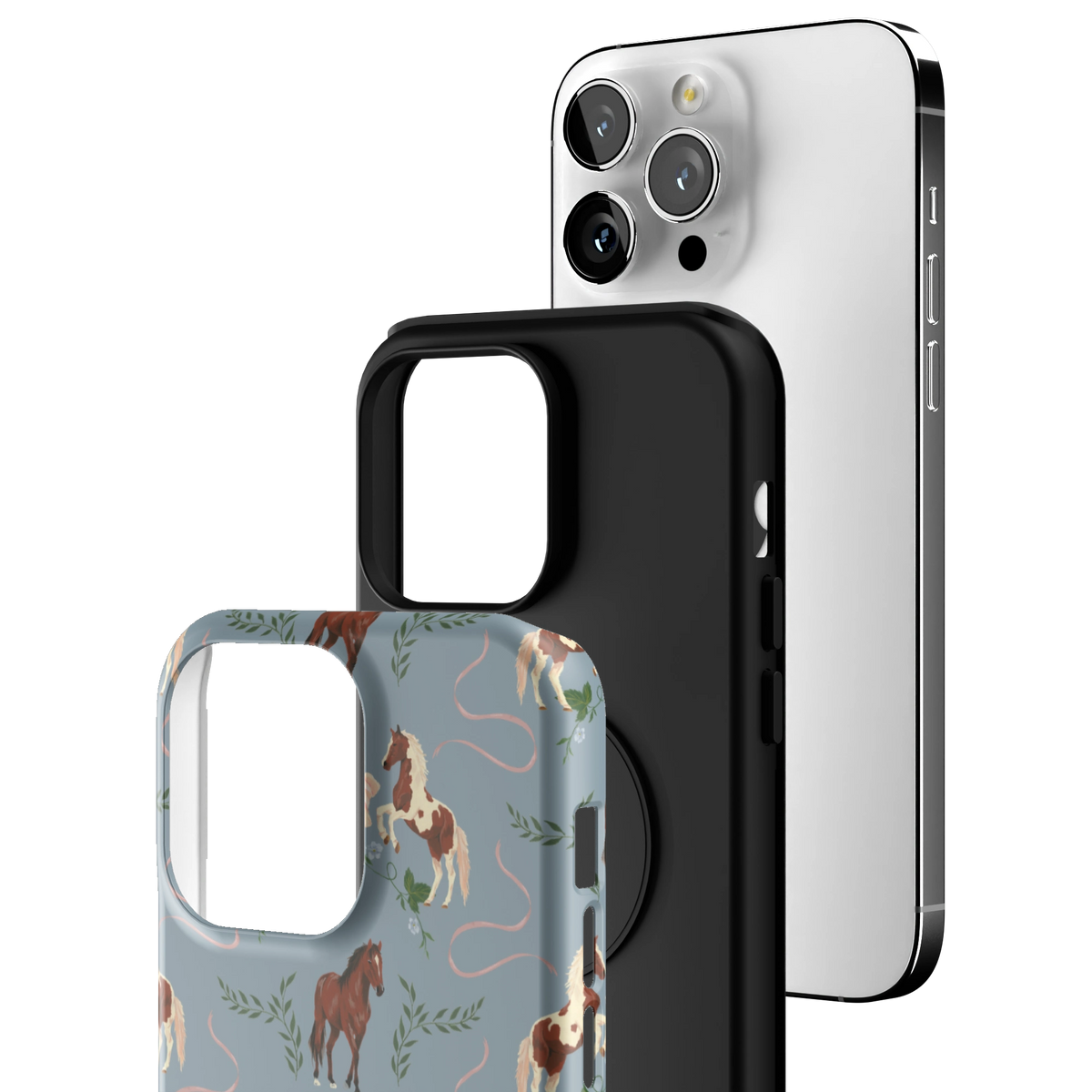 Exploded view of the Prairie Personalized iPhone 14 Pro Max case: printed shell, black inner layer with MagSafe ring, and phone