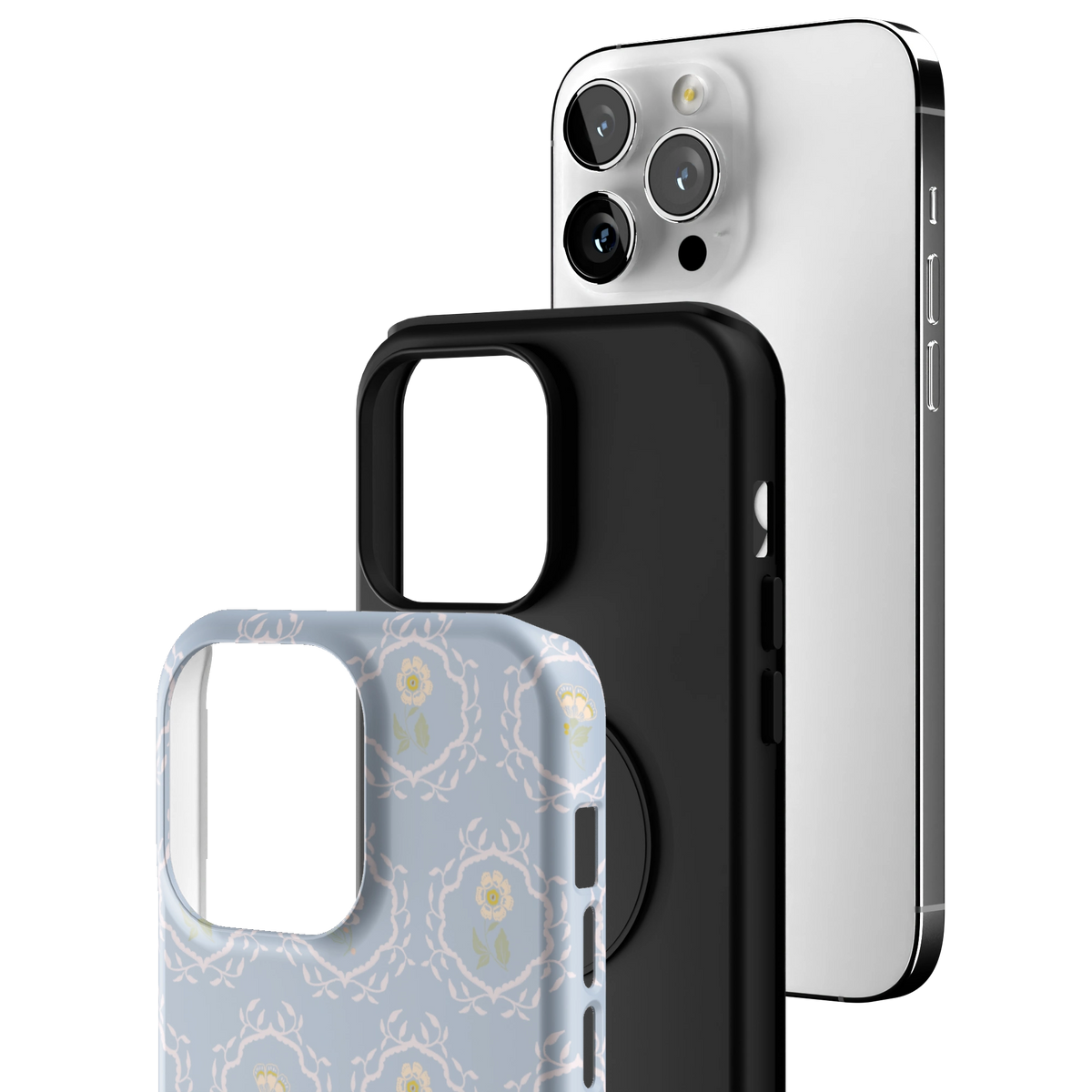 Exploded view of the Merrigold iPhone 14 Pro Max case: printed shell, black inner layer with MagSafe ring, and phone