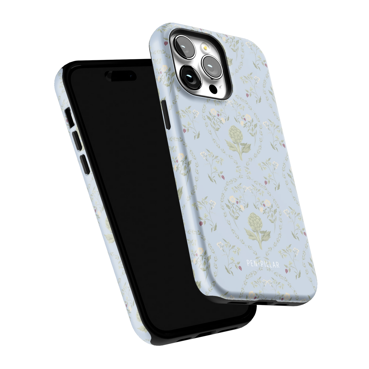 Artichoke iPhone 14 Pro Max case tilted to show the raised edges around the screen and camera