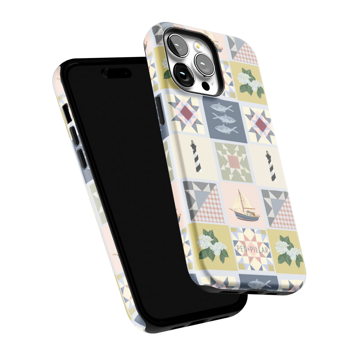 Coastal Quilt iPhone 14 Pro Max case tilted to show the raised edges around the screen and camera
