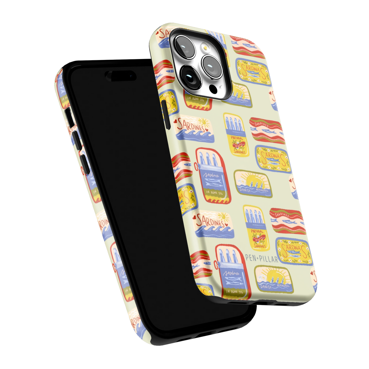 Sardines iPhone 14 Pro Max case tilted to show the raised edges around the screen and camera