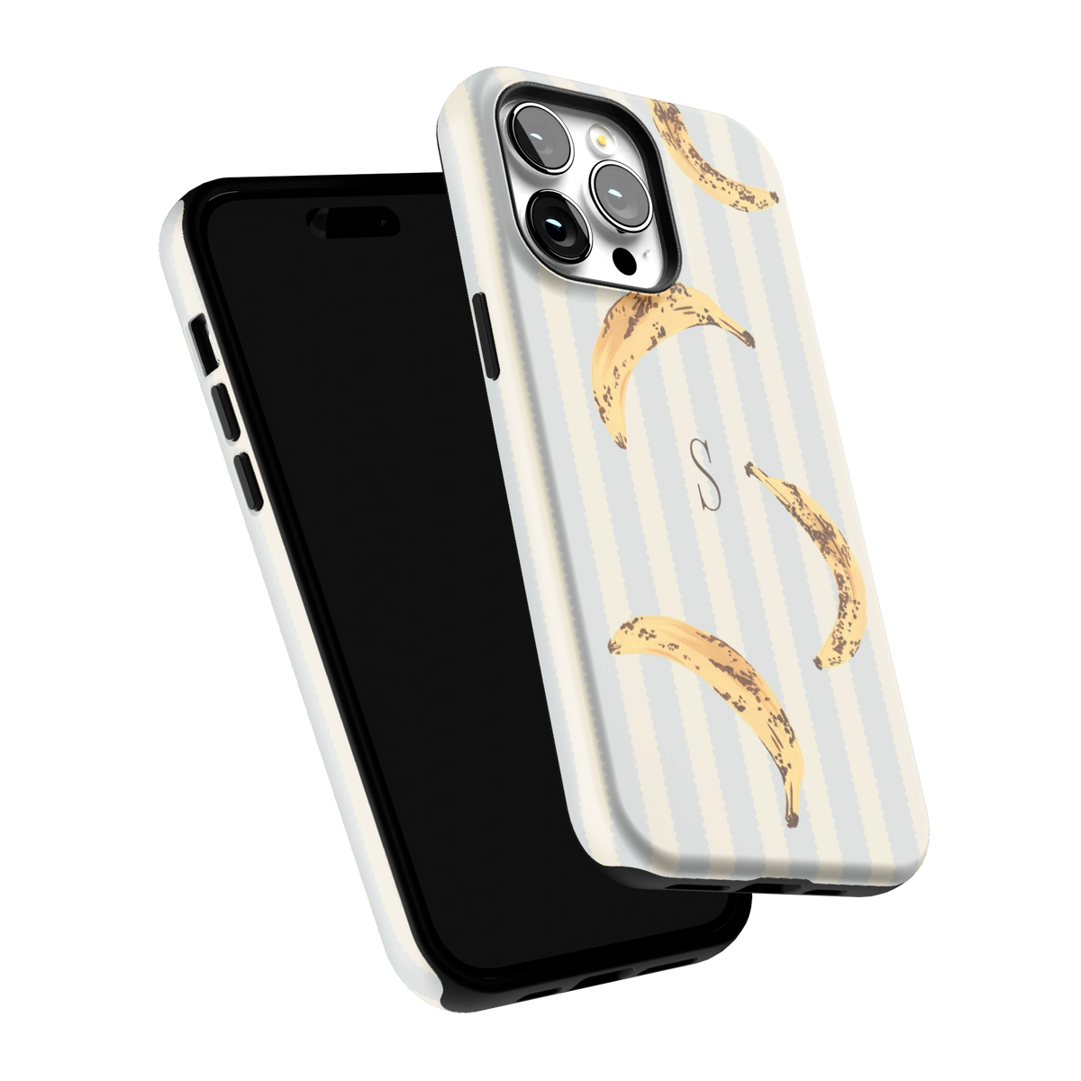 Striped Bananas Personalized iPhone 14 Pro Max case tilted to show the raised edges around the screen and camera
