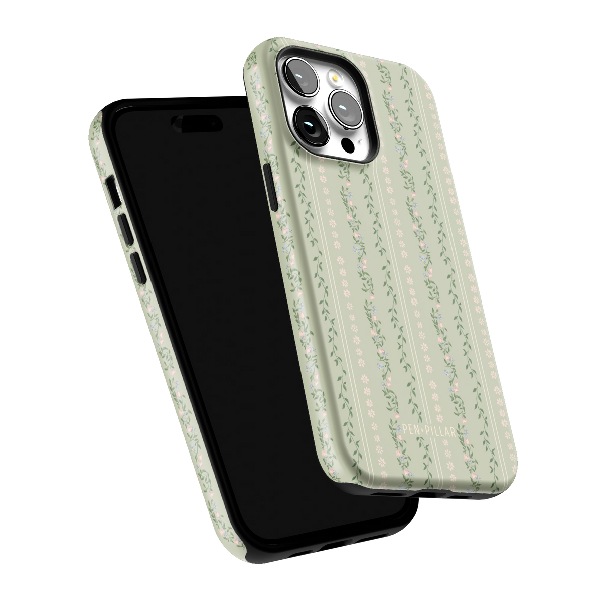 Camellia iPhone 14 Pro Max case tilted to show the raised edges around the screen and camera