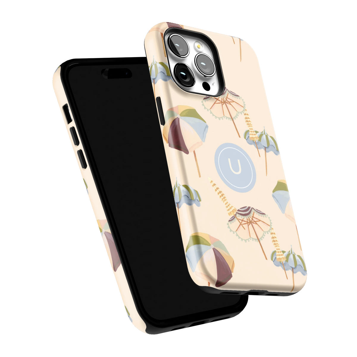 Umbrellas Personalized iPhone 14 Pro Max case tilted to show the raised edges around the screen and camera