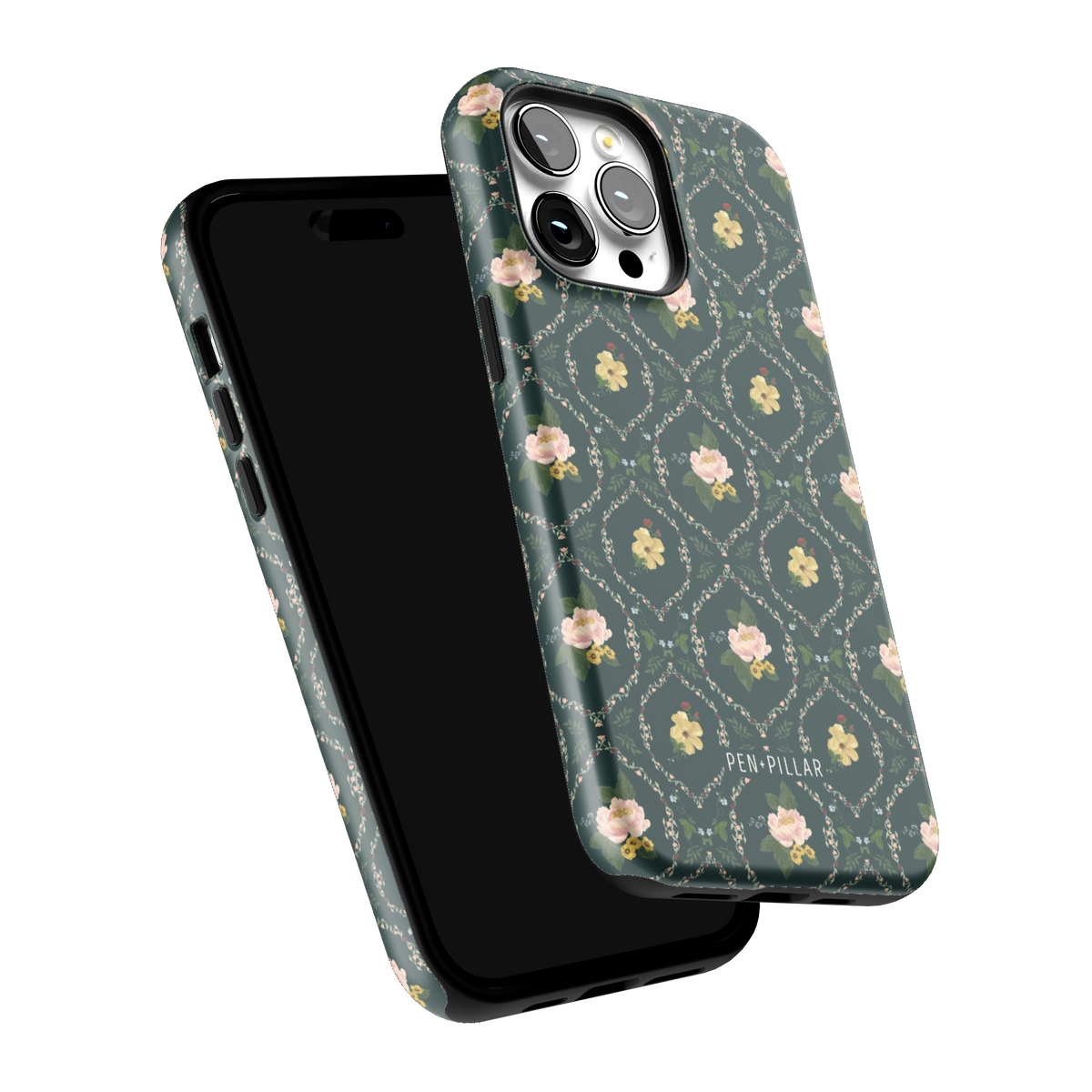 Meadow iPhone 14 Pro Max case tilted to show the raised edges around the screen and camera