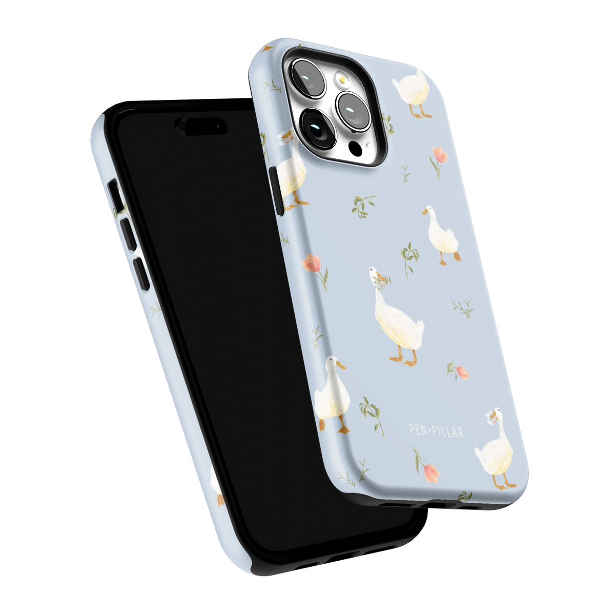 Ducks iPhone 14 Pro Max case tilted to show the raised edges around the screen and camera