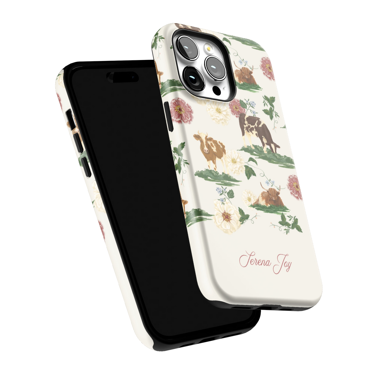 Pasture Personalized iPhone 14 Pro Max case tilted to show the raised edges around the screen and camera