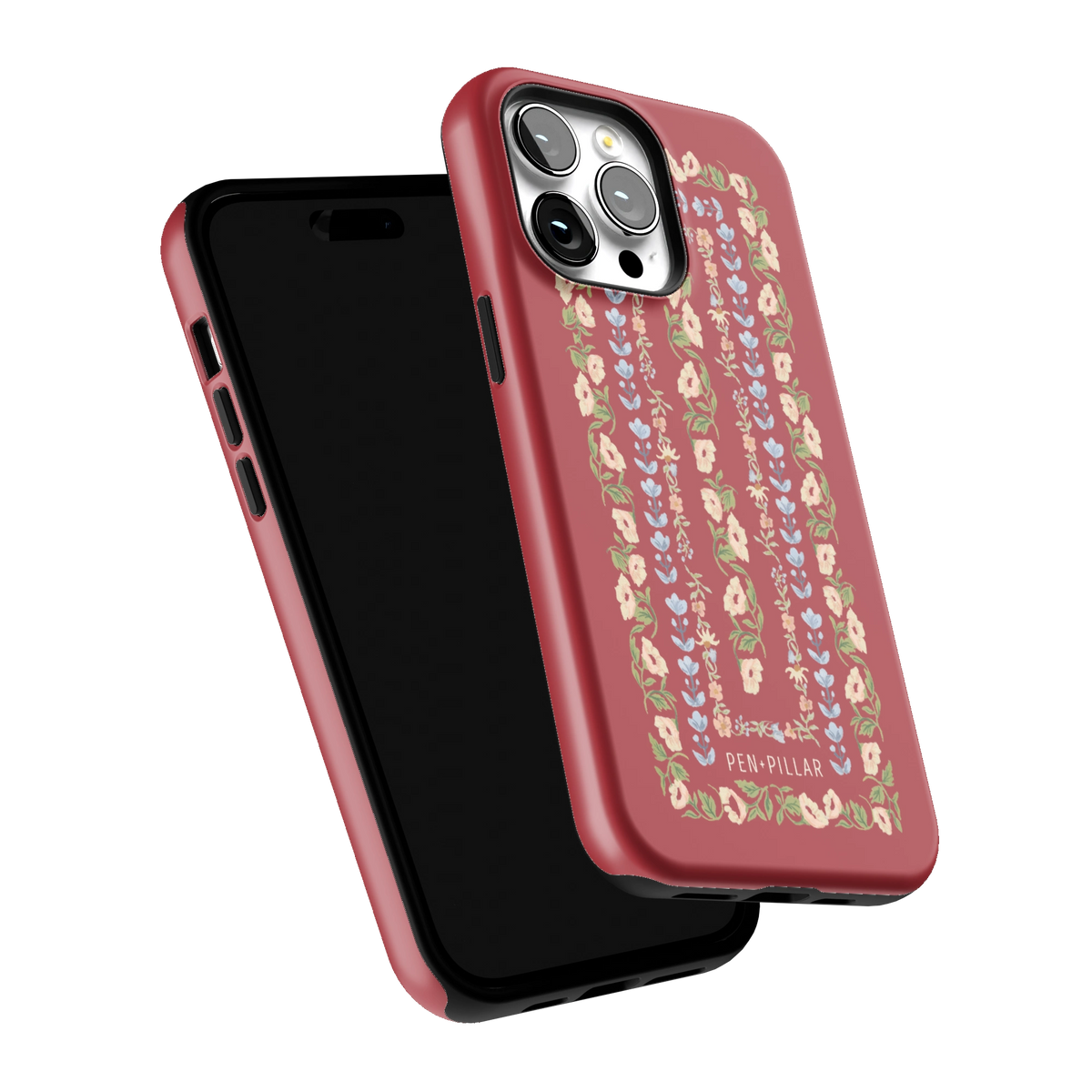 Fiona iPhone 14 Pro Max case tilted to show the raised edges around the screen and camera