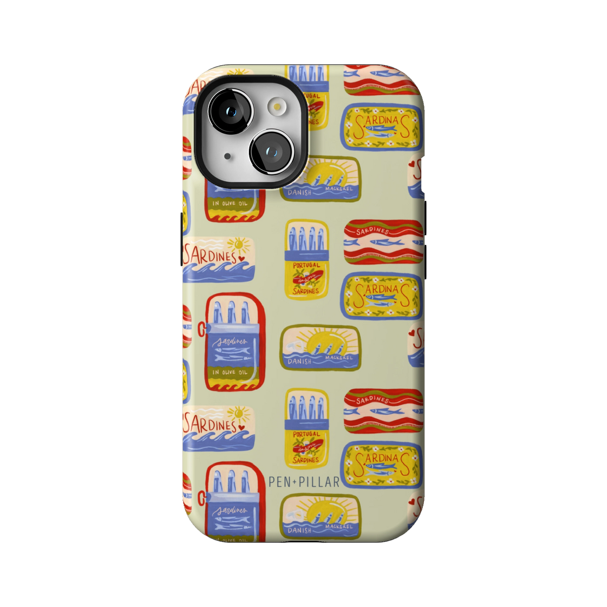 Sardines case on iPhone 15, back view: vintage sardine tins on pale sage