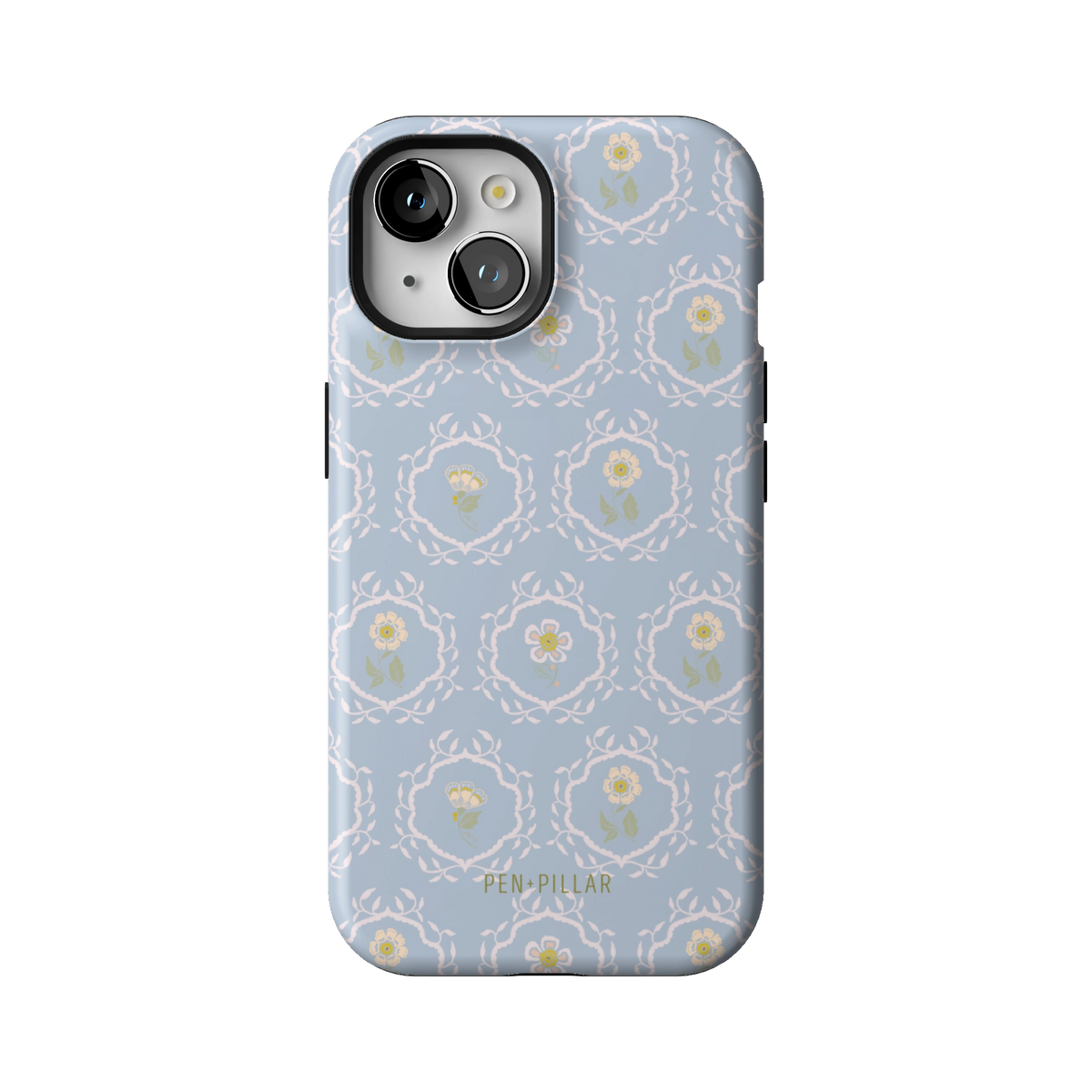 Merrigold case on iPhone 15, back view: small white florals in a lattice on pale blue