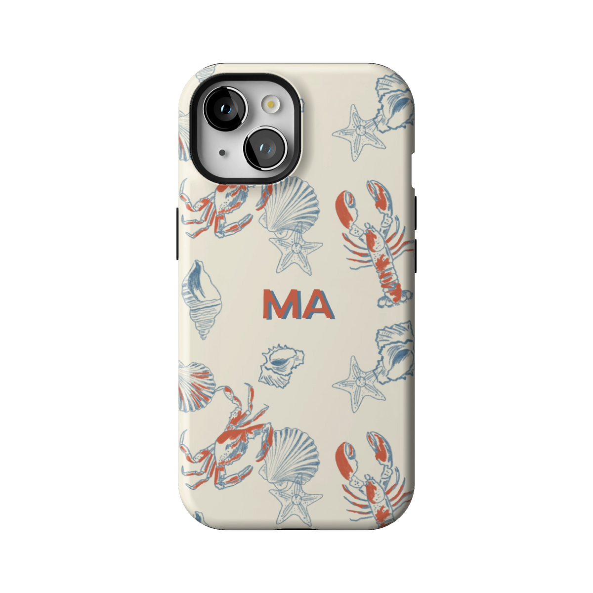 Mariner Personalized case on iPhone 15, back view: red lobsters, blue crabs and seashells on cream with the initials MA