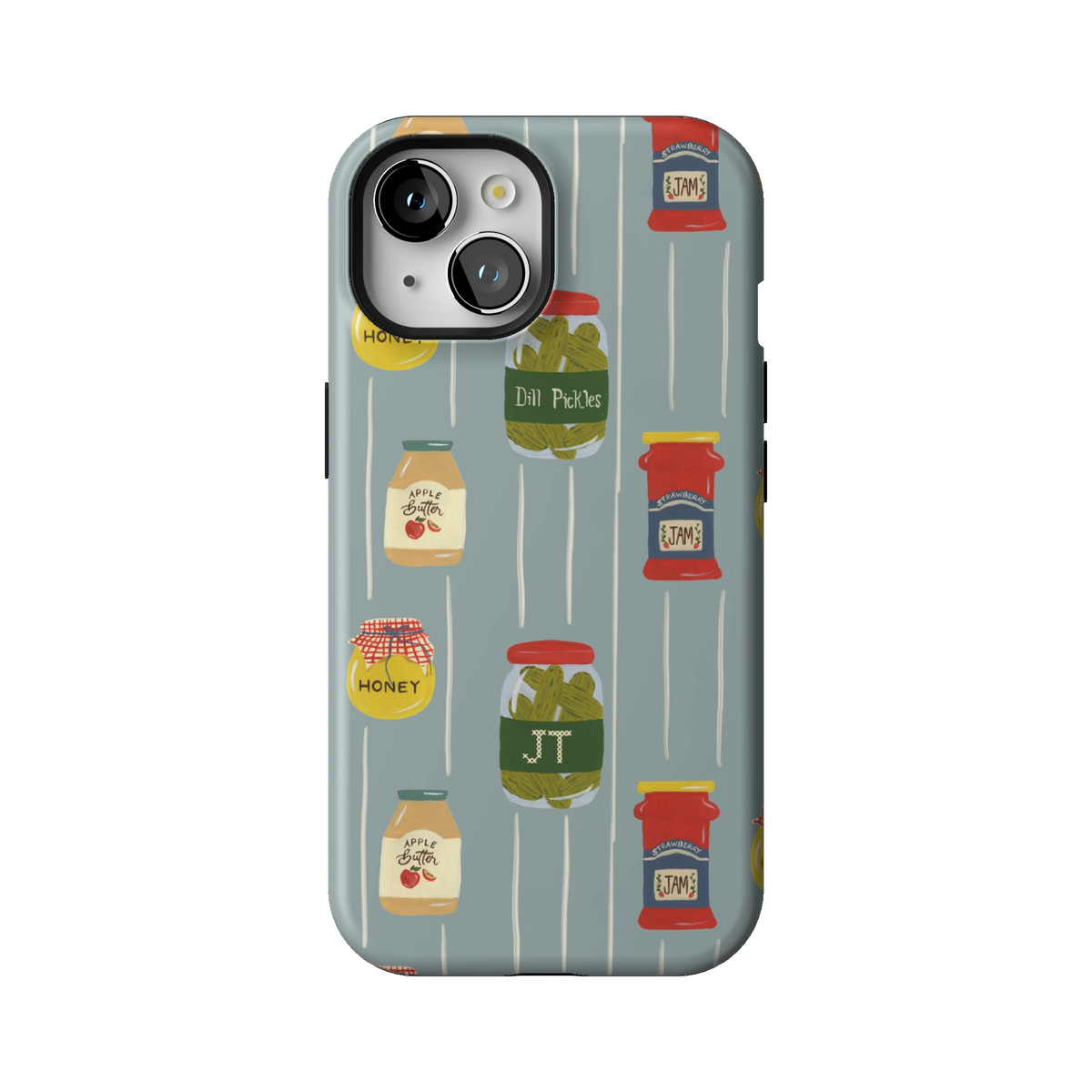 Preserves Personalized case on iPhone 15, back view: jars of honey, pickles and jam on slate blue stripes with the initials JT