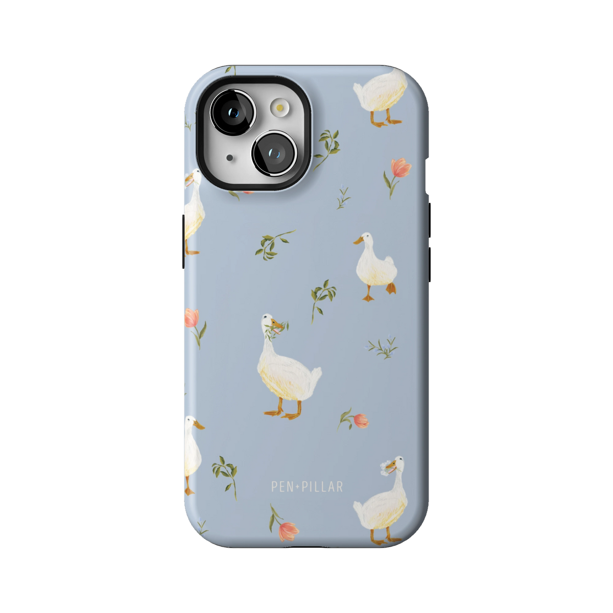 Ducks case on iPhone 15, back view: white ducks and small flower sprigs on soft blue