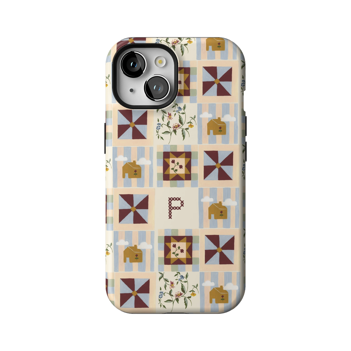 Pinwheel Personalized case on iPhone 15, back view: burgundy pinwheel quilt blocks on blue stripes with the initial P