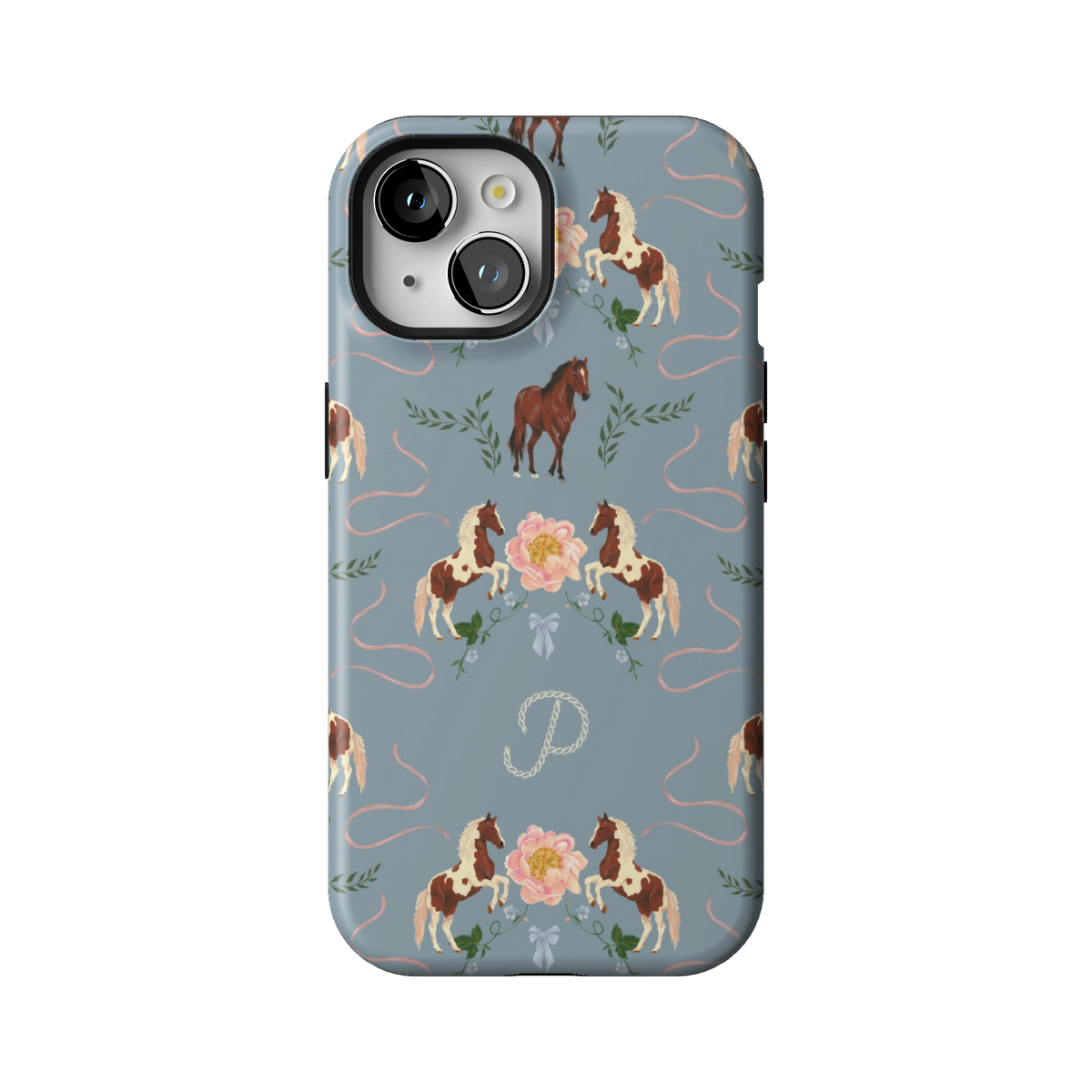 Prairie Personalized case on iPhone 15, back view: horses and blush florals on dusty blue with the initial P