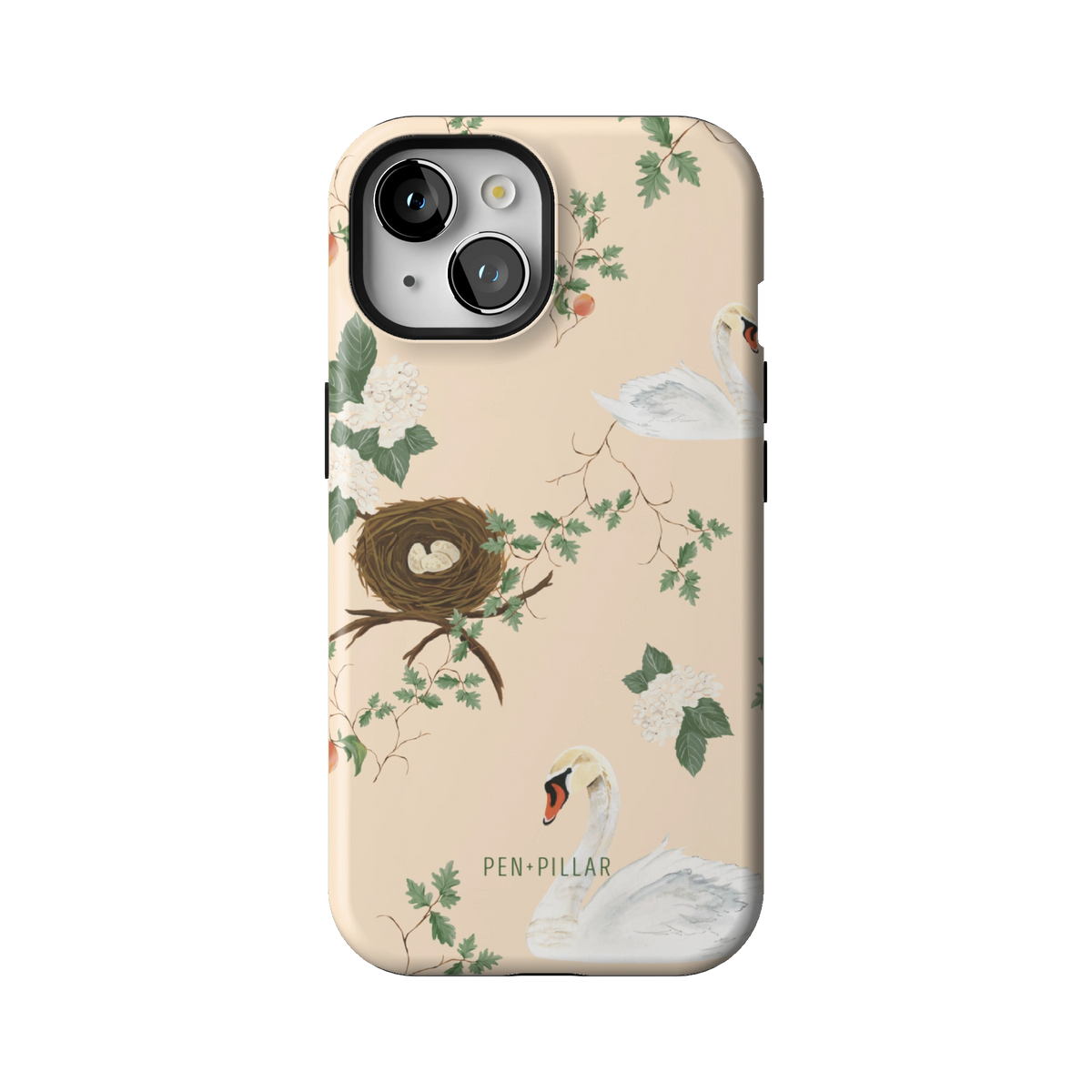 Swan Hollow case on iPhone 15, back view: swans, a bird's nest and trailing greenery on cream
