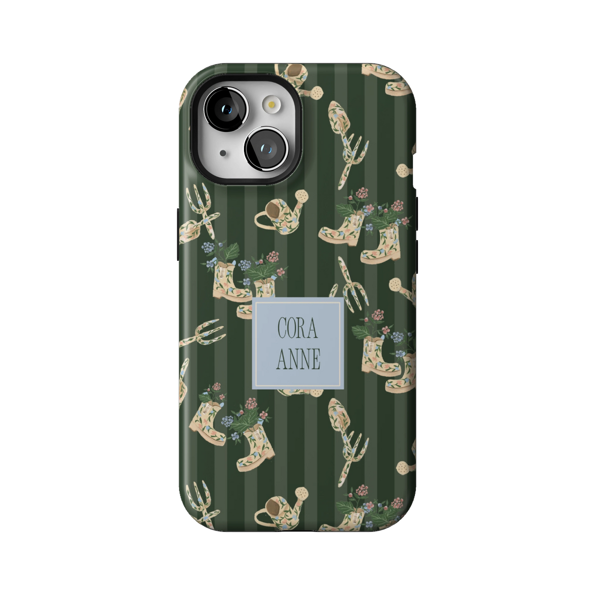 In the Garden Personalized case on iPhone 15, back view: garden boots, tools and florals on forest green stripes with the name Cora Anne