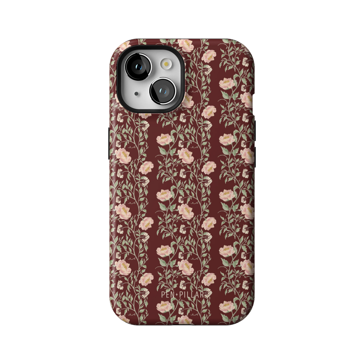 Thicket case on iPhone 15, back view: dense blush and cream florals on deep burgundy