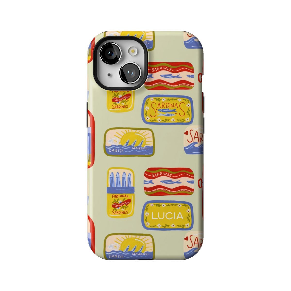 Sardines Personalized case on iPhone 15, back view: vintage sardine tins on pale sage with the name Lucia