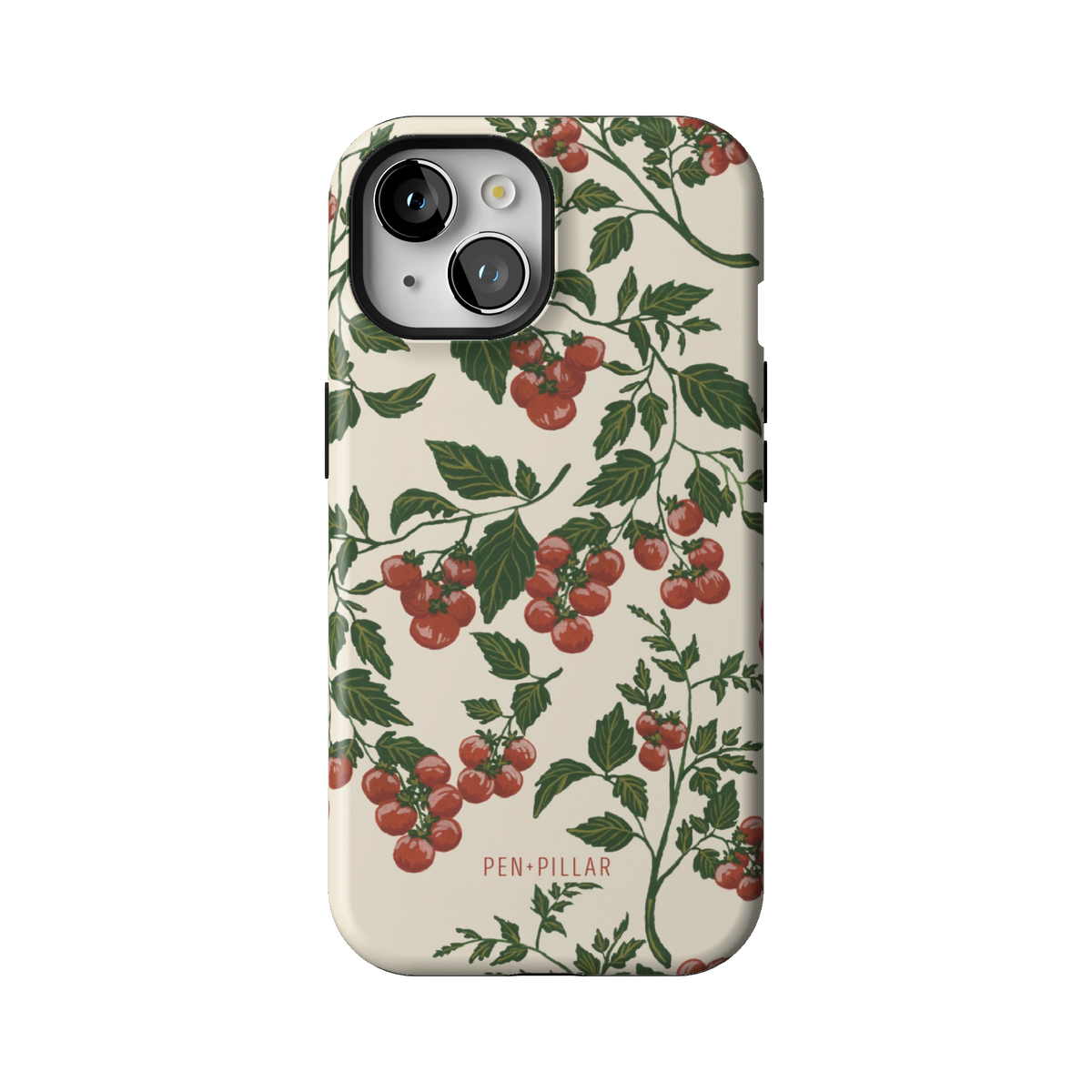 Tomato Vines case on iPhone 15, back view: red tomatoes on leafy green vines over cream