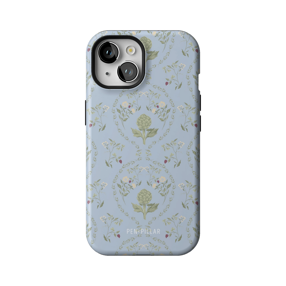 Artichoke case on iPhone 15, back view: soft green artichokes in a vintage trellis on dusty blue
