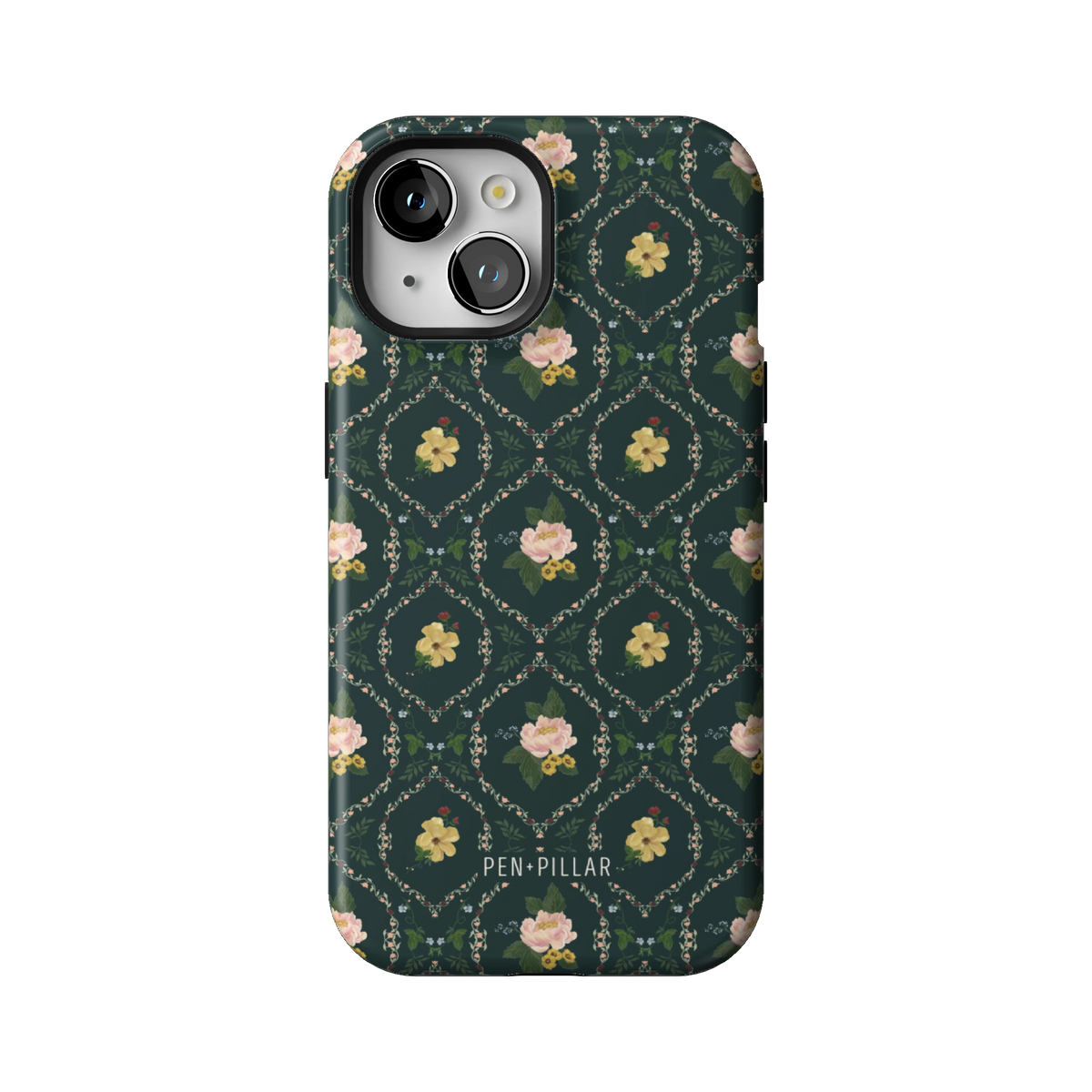 Meadow case on iPhone 15, back view: small yellow and pink flowers in a diamond trellis on deep green