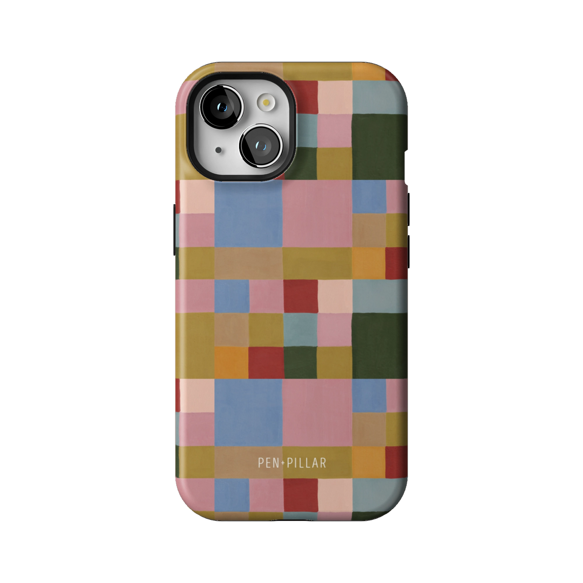 Colorblock case on iPhone 15, back view: painterly squares in blush, sky blue, mustard, rust and forest green