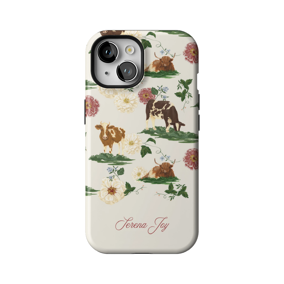 Pasture Personalized case on iPhone 15, back view: cows and dahlias in a countryside scene on cream with a name in script