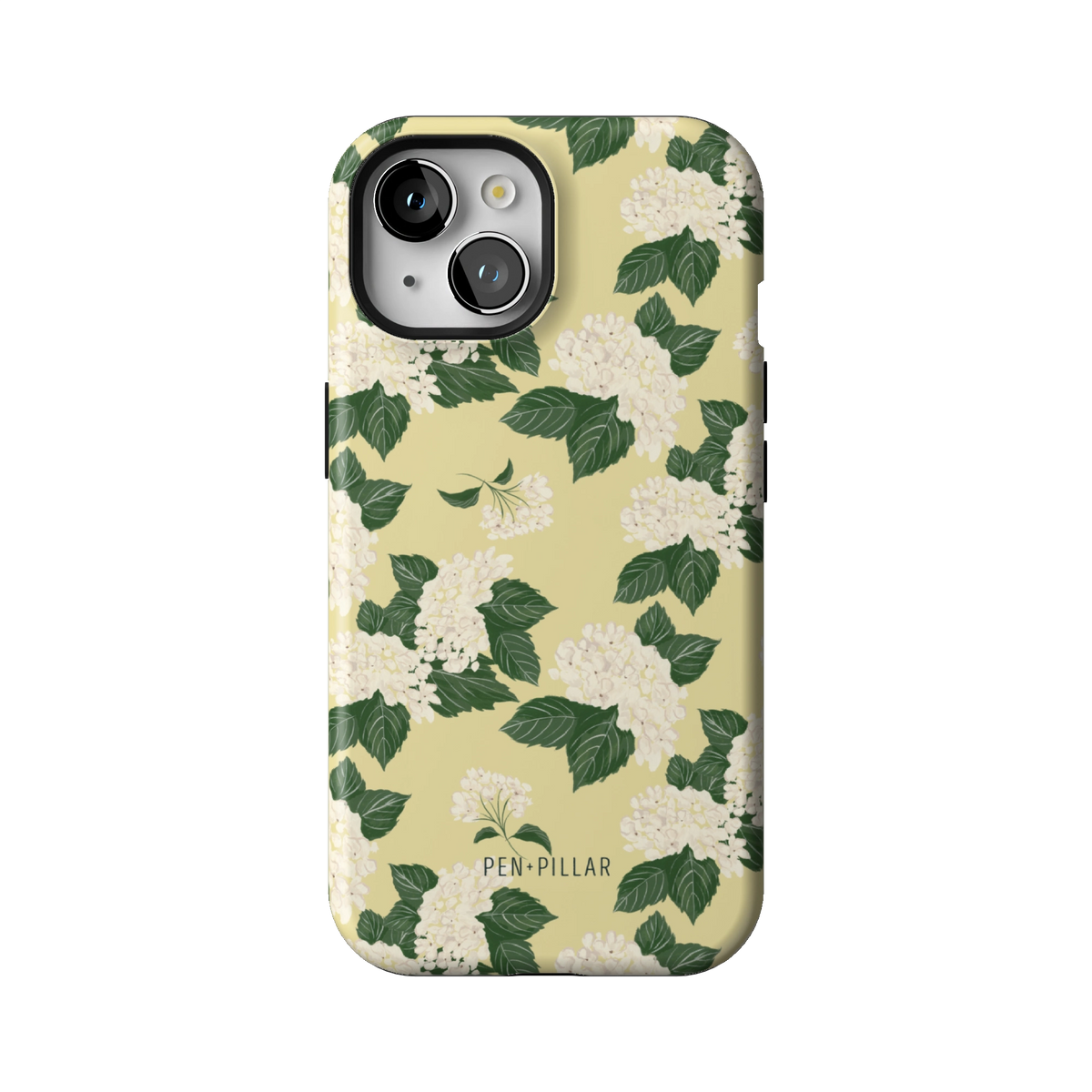 Hydrangea case on iPhone 15, back view: white hydrangeas and green leaves on buttery yellow