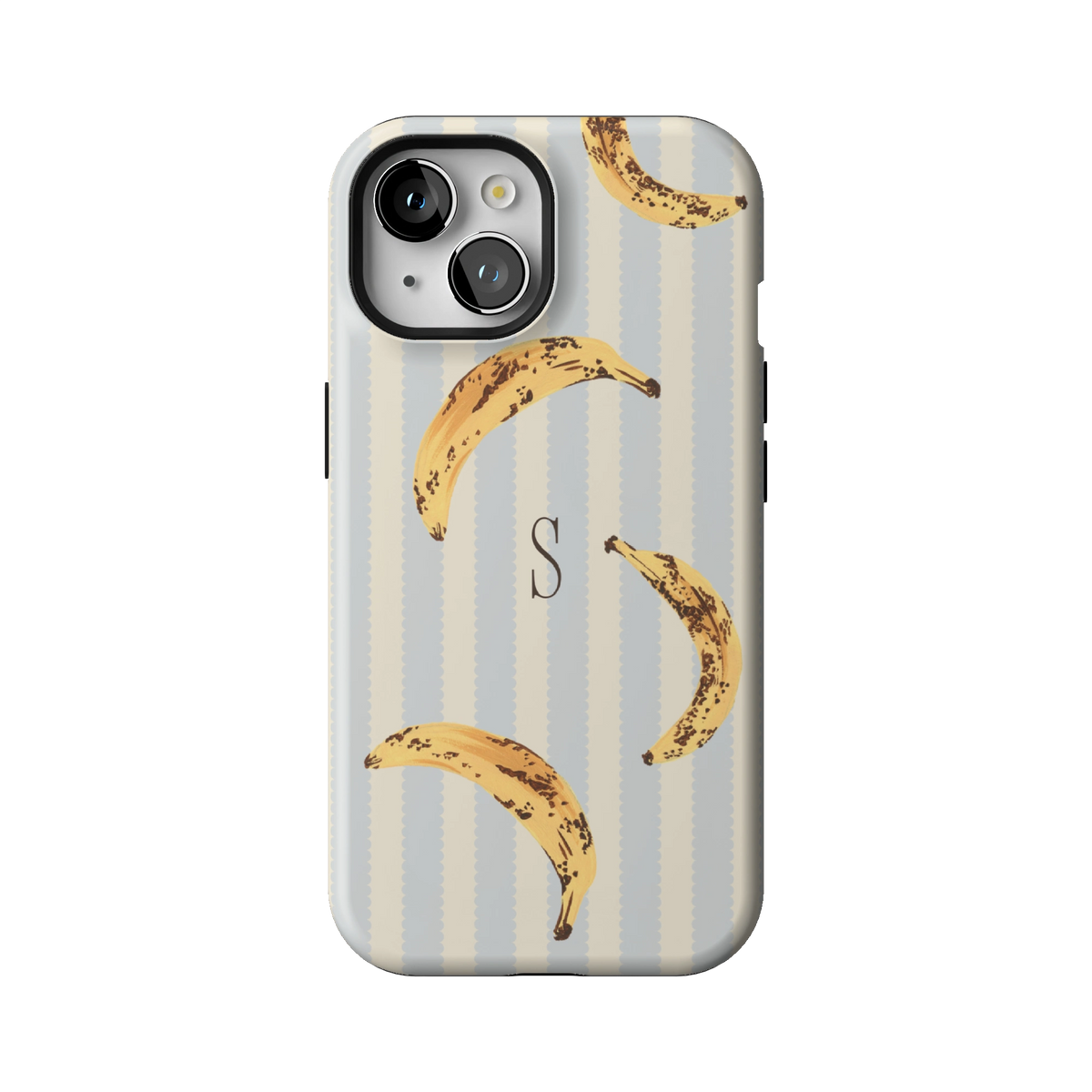 Striped Bananas Personalized case on iPhone 15, back view: ripe bananas on pale blue and cream stripes with the initial S