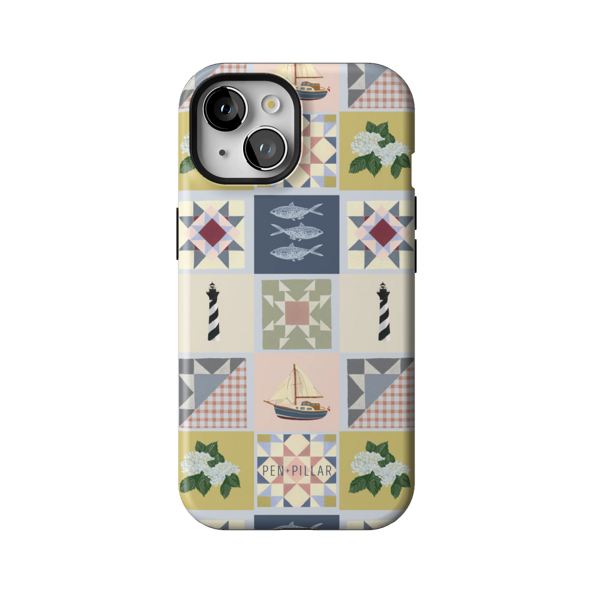 Coastal Quilt case on iPhone 15, back view: quilt blocks with sailboats, fish, a lighthouse and hydrangeas in navy, sage and blush