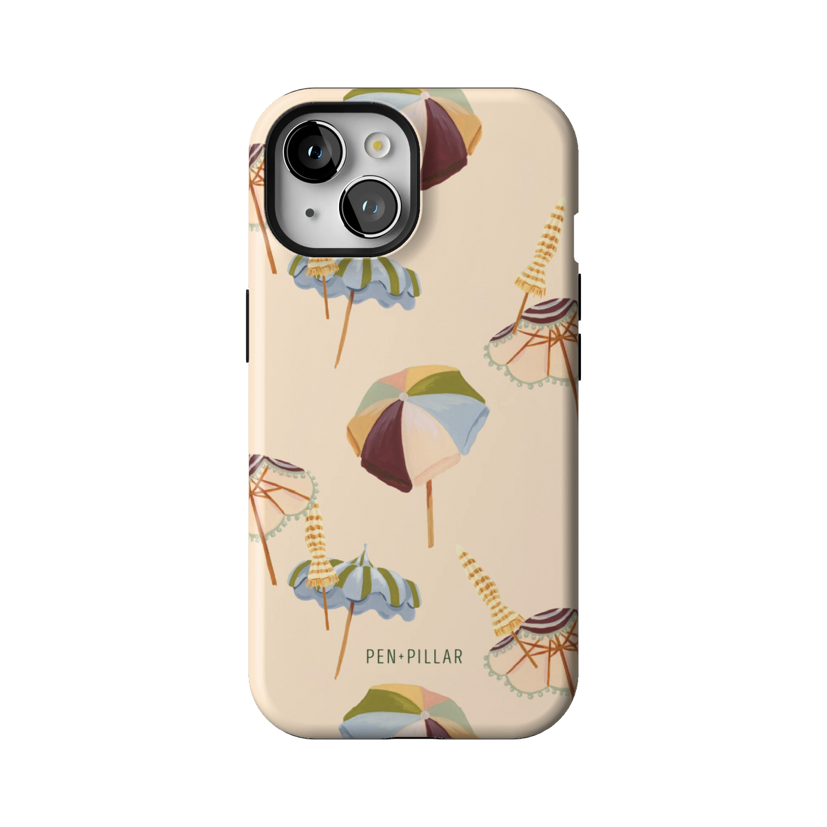 Umbrellas case on iPhone 15, back view: striped beach umbrellas and loungers on warm sand