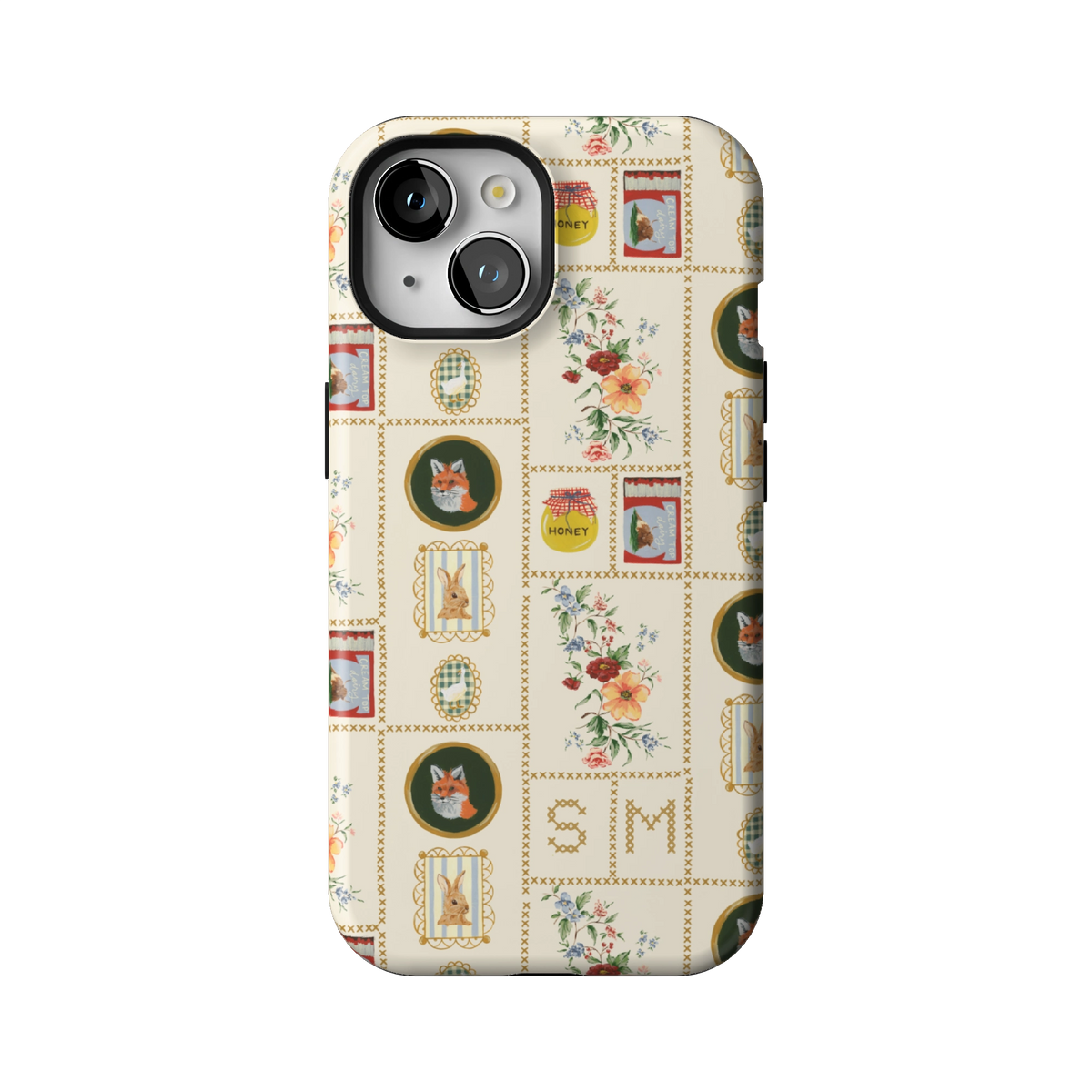 Sampler Personalized case on iPhone 15, back view: cross-stitch style squares of jars, animals and florals on cream with the initials SM