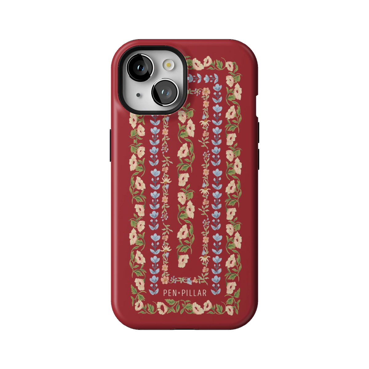 Fiona case on iPhone 15, back view: ornate floral stripes in cream, blush and blue on rich red