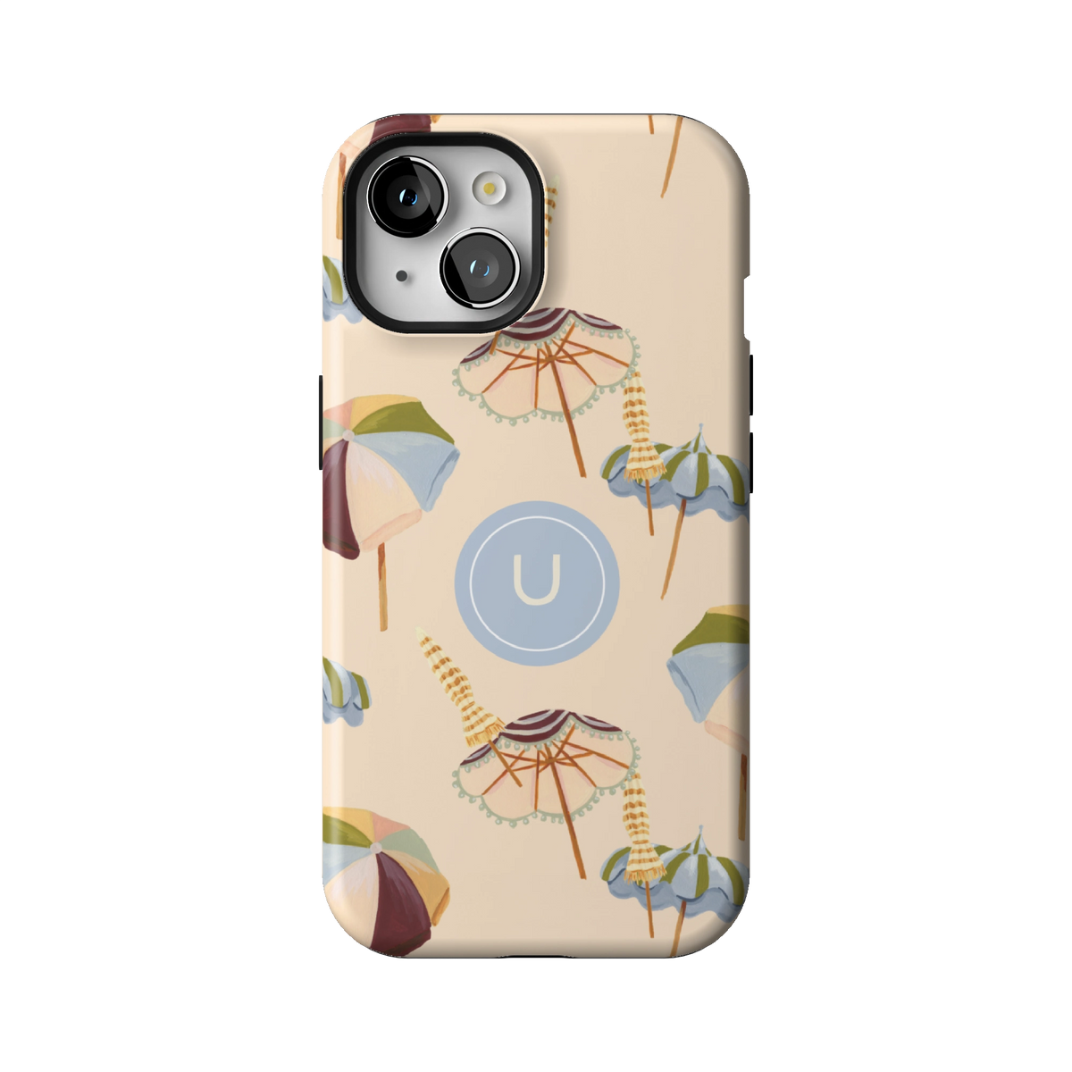 Umbrellas Personalized case on iPhone 15, back view: striped beach umbrellas and loungers on warm sand with the initial U