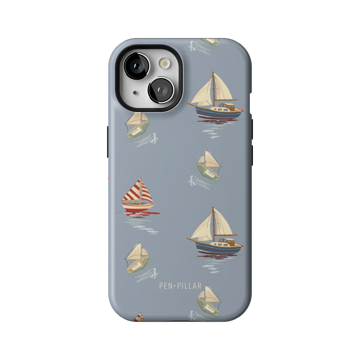 Harbor case on iPhone 15, back view: sailboats and paper boats on dusty blue