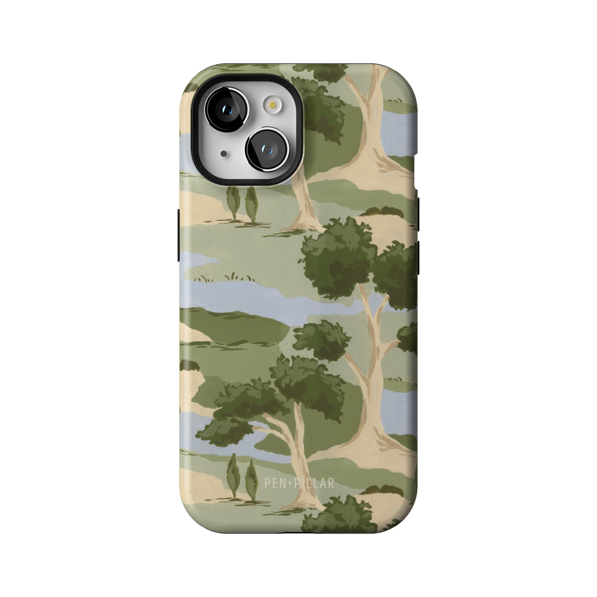 Orchard case on iPhone 15, back view: rolling green trees and winding blue streams on cream