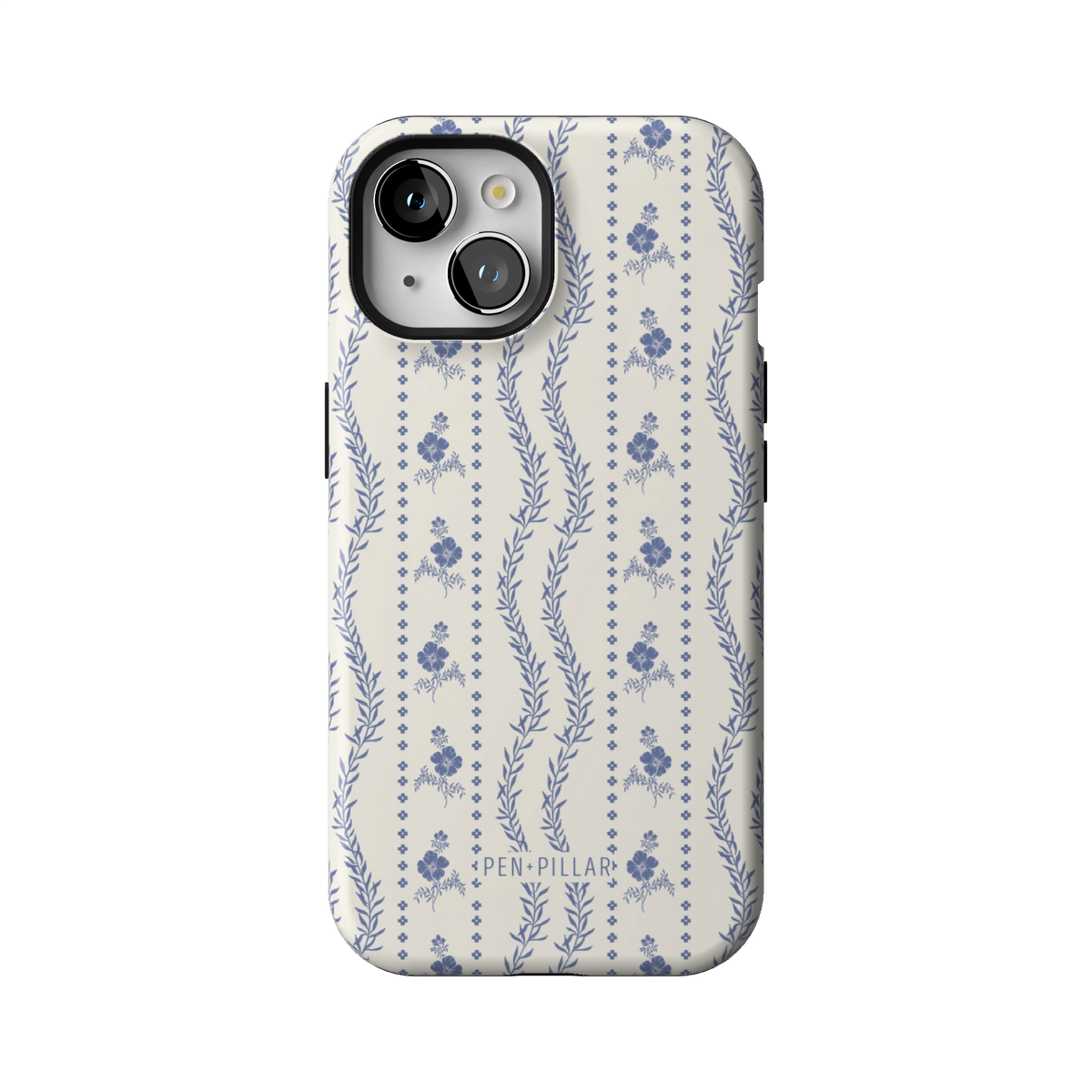 Riviera case on iPhone 15, back view: blue florals and vines in stripes on white